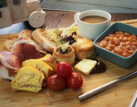 Parma Ham & Cheesy Baked Eggs + Wild Mushroom Vol au vent + Baked Beans Grilled Cherry Tomatoes + Mini Scone