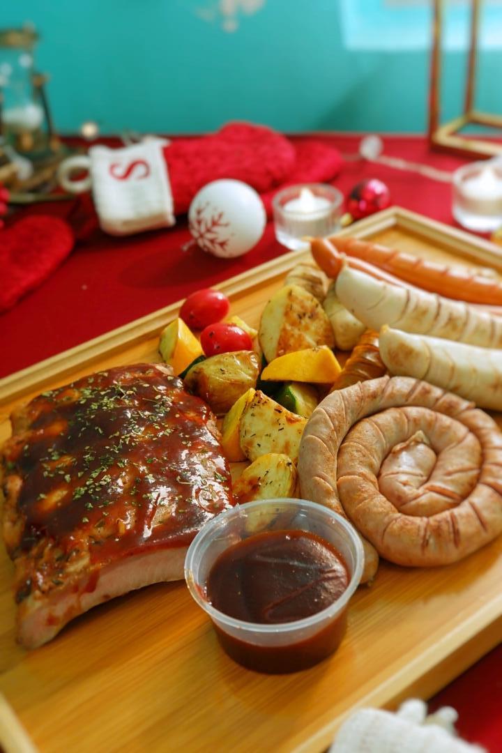 Christmas Meat Lover Platter:  Roasted Baby Pork Ribs and Sausage Platter with BBQ Sauce