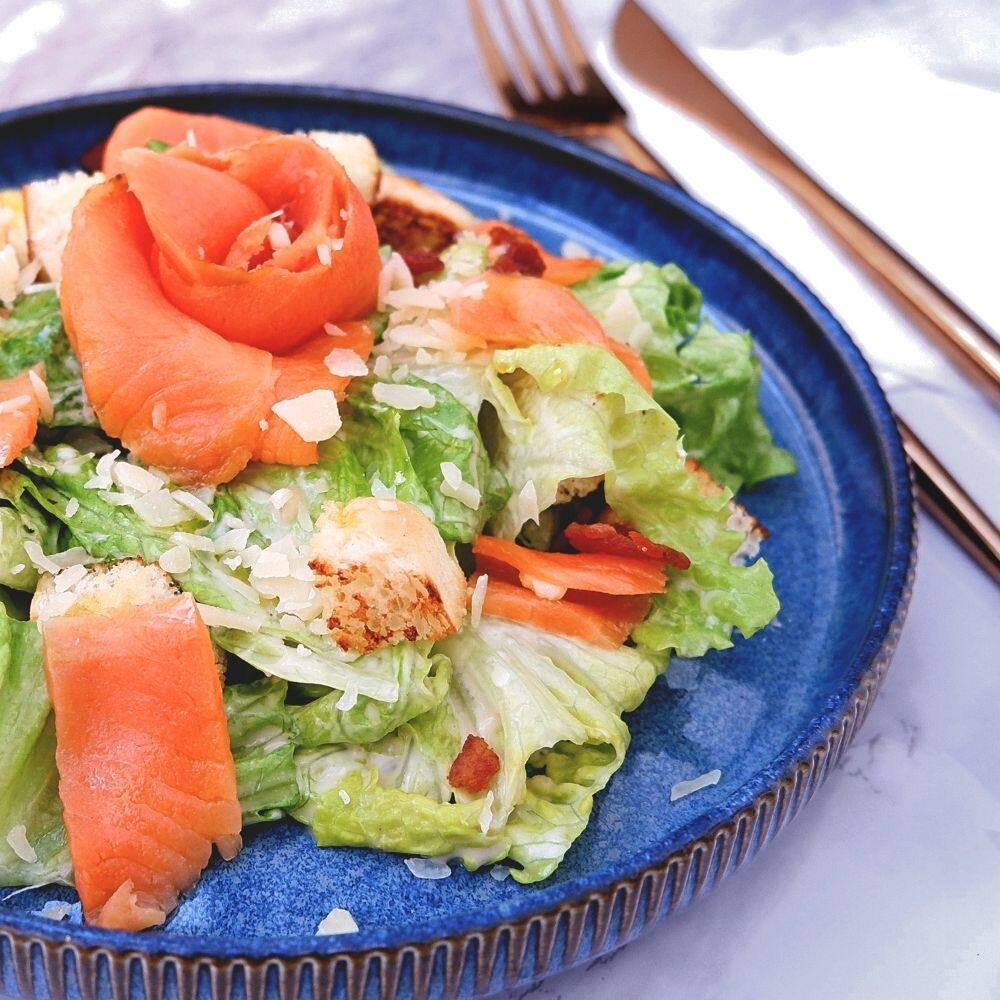 Smoked Salmon, Bacon and Egg Caesar Salad Served with Croutons & Parmesan Cheese